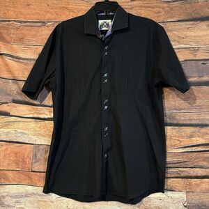 BG The Authentic Shirt Maker Black Short Sleeve Button Down Shirt Paisley Collar